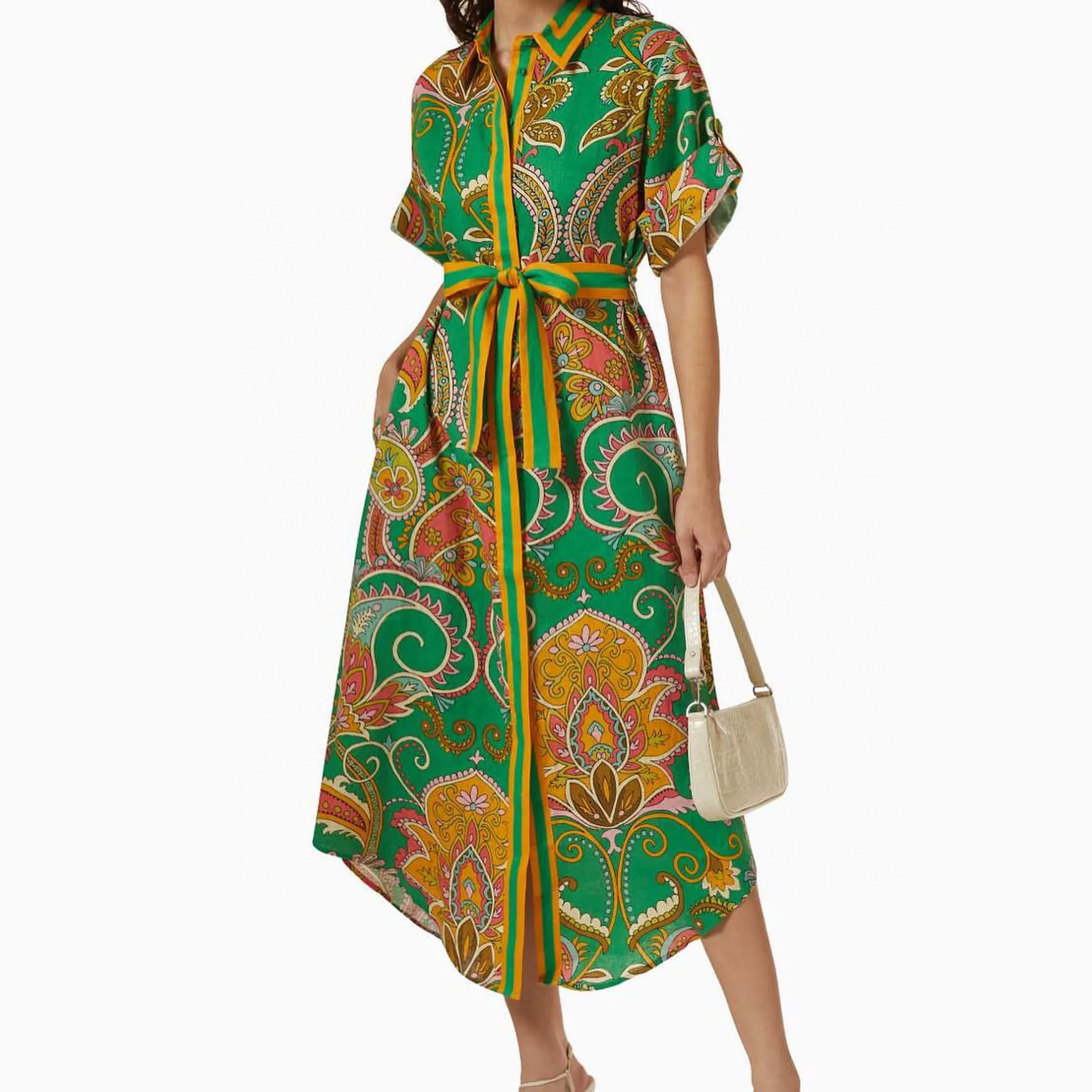 Australian designer dress green floral print short sleeved midi shirt dress high quality