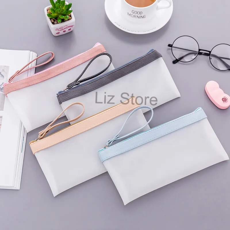 School Students Pencil Bags Boys Girls Transparent Cosmetic Bag Frosted Clear Zipper Pen Case Handhold Stationery Storage Bags TH0852