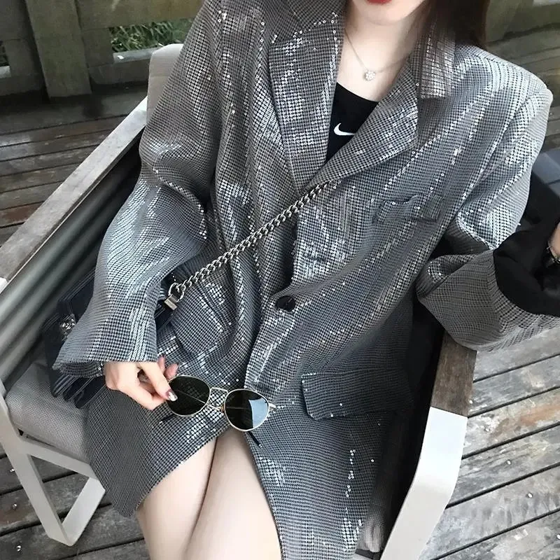 Mulheres femininas Blazers coreanas Houndstooth Sequin lixo de colarinho casual solto com manga longa de trespassado de trespassado fêmea fêmea feminina