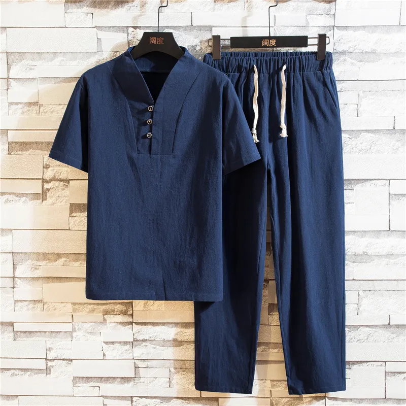 Men's Tracksuits Arrival Cotton and Linen Short Sleeve TshirtAnkle Length Pant Set Solid ShirtTrousers Home Suits Male Size M5XL 230311