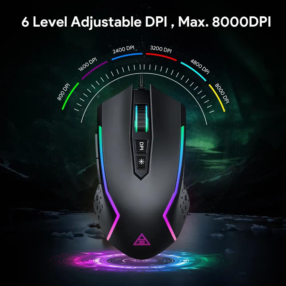 EM100 RGB Gaming Mouse Gamer USB Wired Gaming Mice 8000 DPI met 6 kleuren achtergrondverlichting 7 programmeerbare knoppen voor pc -laptop