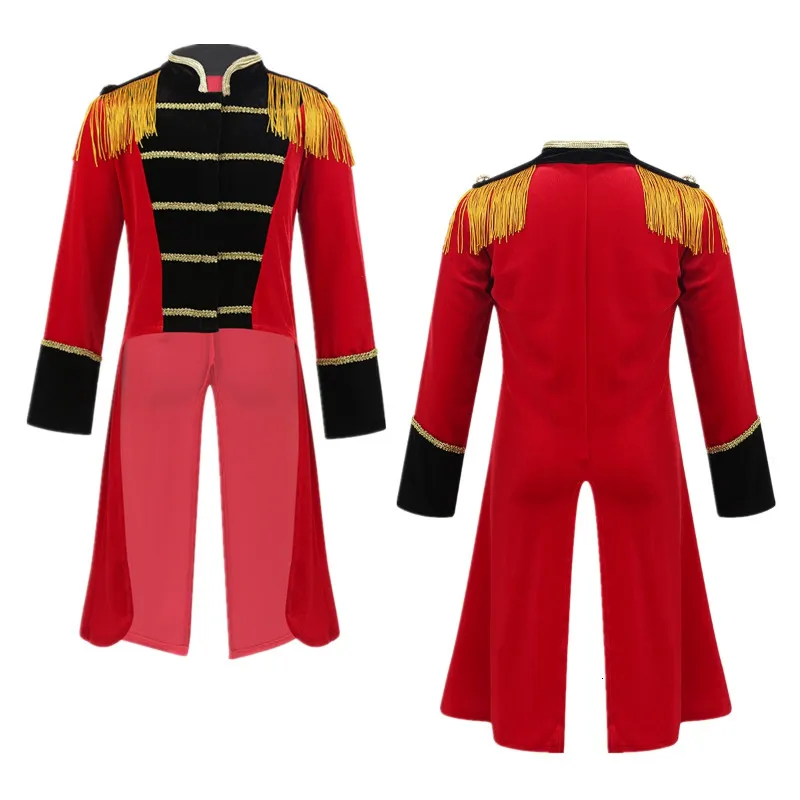 Tench Coats Halloween Cosplay Party Lange mouwen Stand Kraagranding Gold Tairmings Tailcoat Jacket Kids Boys Circus Ringmaster Kostuum 230311