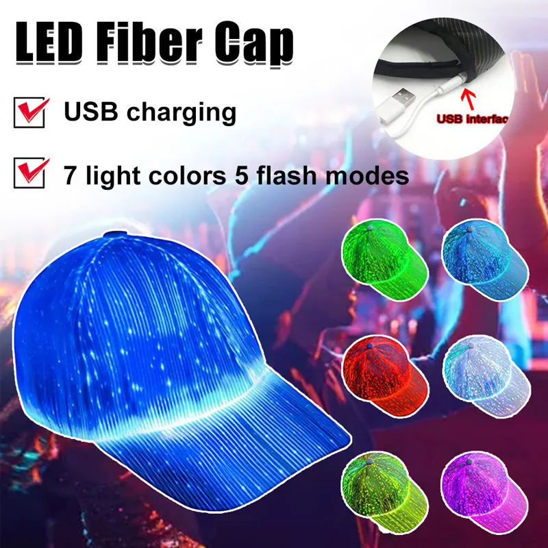 Top Caps Aydınlık Kapak Balıkçı Beyzbol Kapağı RGB 7 Renkli Yanıp Sönen LED Fiber Optik Şapka Gece Işığı Yerleşik Pil Konseri Neon 230310