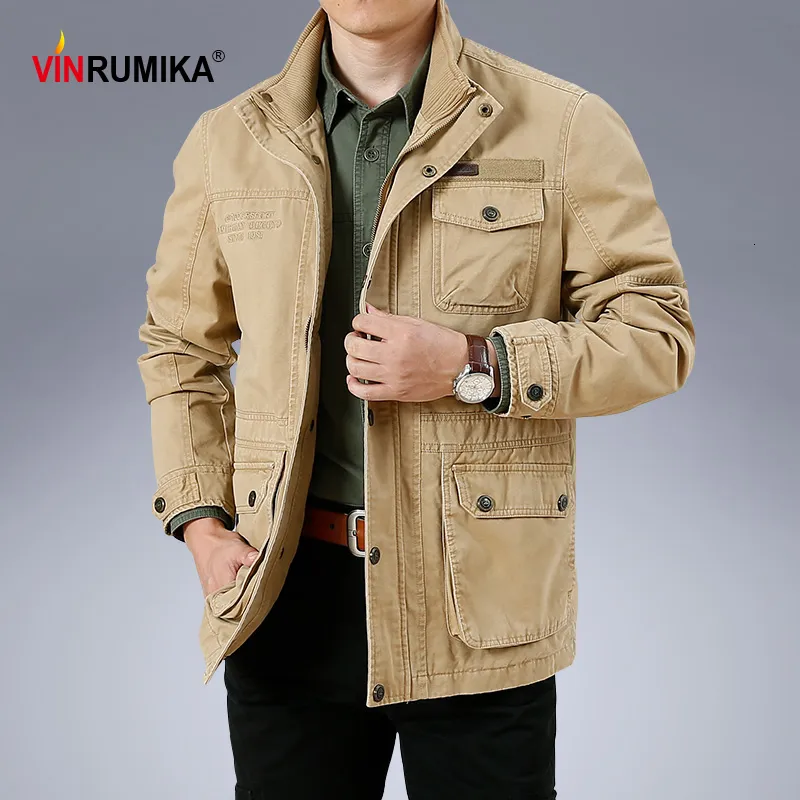 Herrjackor stor storlek M-6xl Spring Autumn Men's Military Casual Style 100% Cotton Khaki Loose Mid-Längd Jacket Coat Man Black Jackets 230311