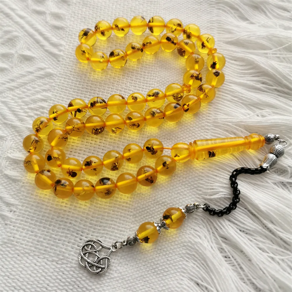 Urok bransoletki Tasbih Rosary Niesamowite sztuczne bursztynowe owady koraliki prawdziwe mrówki wewnątrz 10 mm 51 Sibha okrągłe koraliki ręcznie Made Modlitwa Bead 230310