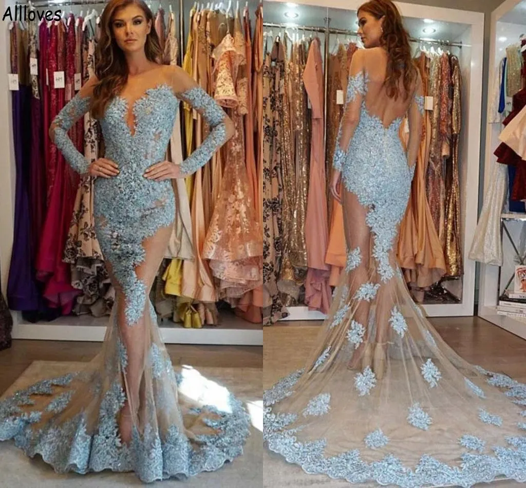 Light Sky Blue Fishtail Mermaid Evening Dresses Arabic Aso Ebi Sheer Neck Long Sleeves Prom Special Occasion Gowns See Through Lace Appliqued Sexy Formal Wear CL1976