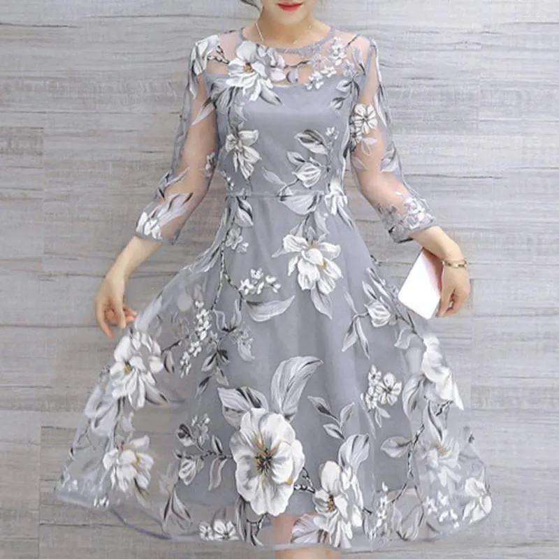 Casual Dresses Women's Summer Floral Print Three Quarter Sleeve Organza Midi Dress Fashion Party Female Clothing