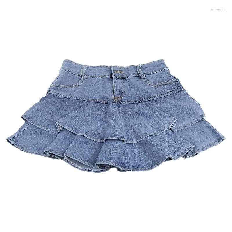 Etekler kadın yaz yüksek bel a-line mini kek kot pantolon vintage yıkanmış pileli fırfırlar katmanlı katmanlı sıradan ince denim sokak kıyafeti