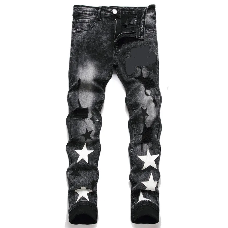 Aimirs designer jeans jeans pour hommes avec des étoiles jeans pour hommes coupe régulière pantalon crayon broderie lettre imprimé fermeture éclair braguette jeans noir moto motard denim déchiré homme