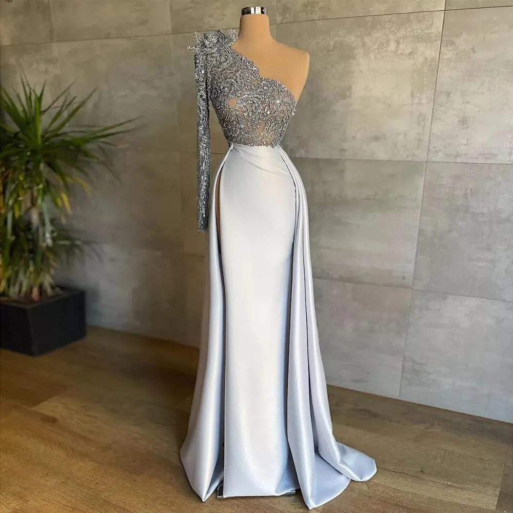 Charming Side Split Prom Dresses Sheath Overskirt Evening Gowns Lace One Shoulder Long Sleeves Floor Length Satin Special Occasion Formal Wear