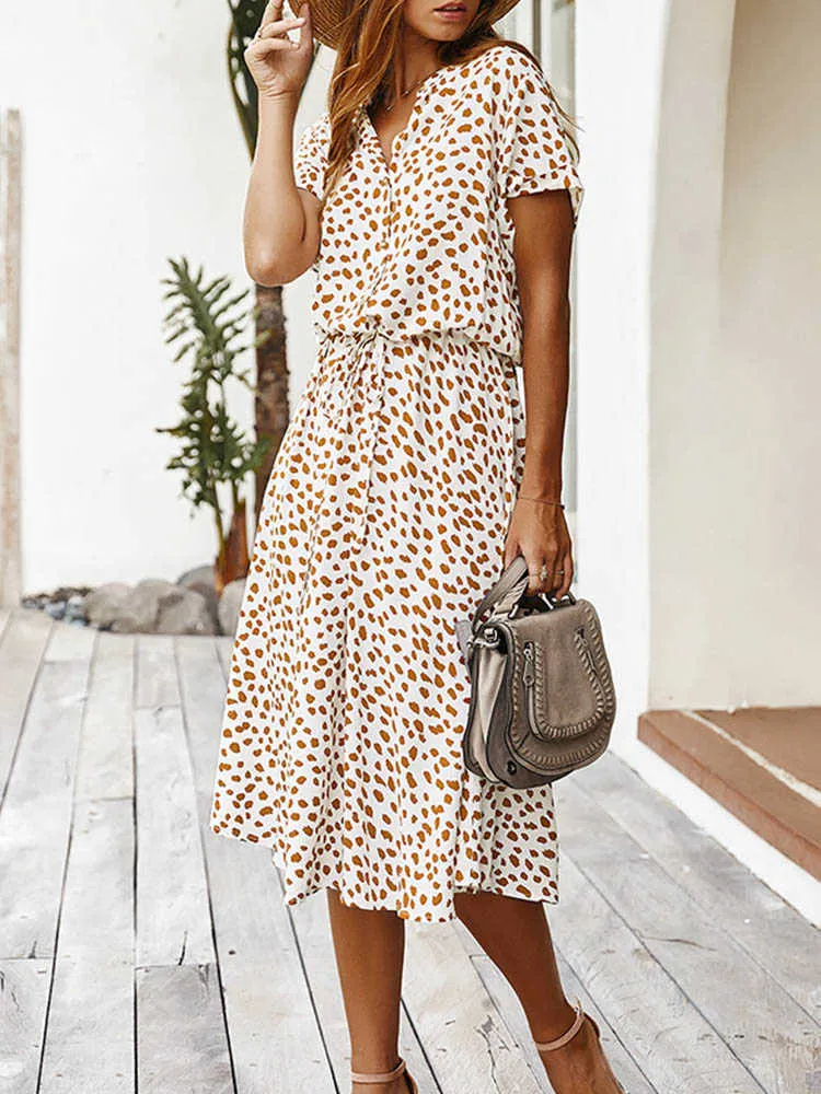 Abiti casual Dots Print White Summer Dress Women 2022 New Short Sleeve Tunica Vintage Midi Dress Casual Holiday Boho Beach Dress Vestidos G230311