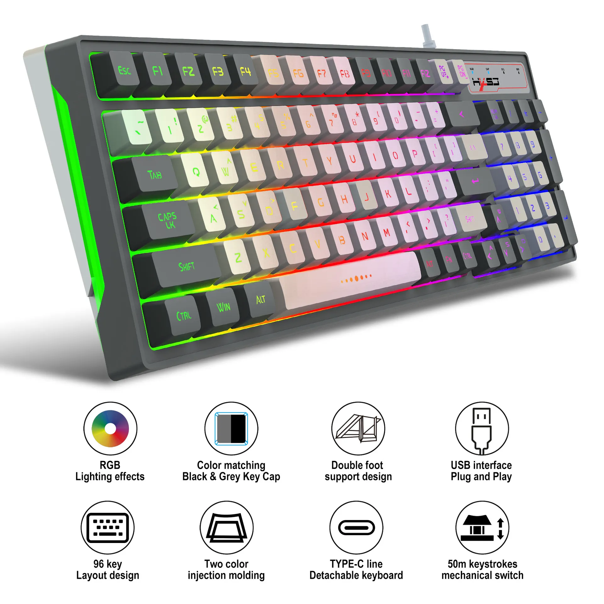 V600 Gaming Keyboard 96 Keys Compact RGB LED Backbellit Film Keyboards USB Wired Membrane Keyboards for Gamer PC Computer Desktop