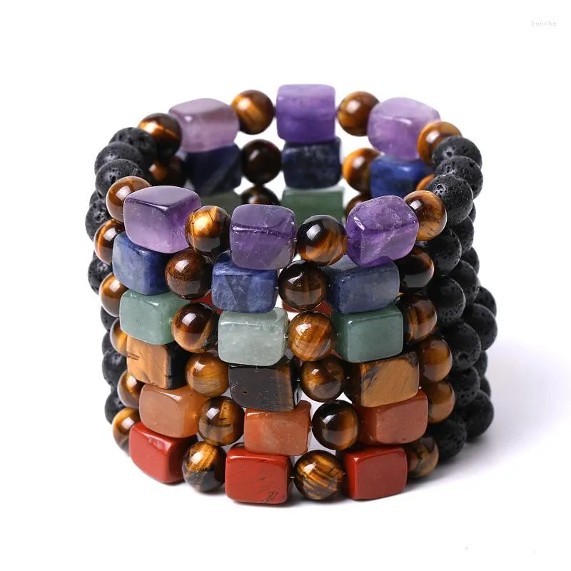 Strand Natural Stone Armband Rock Quartz Square Beads Charm Tiger Eye Amethysts Purple Crystal Armband för kvinnor Män Läker smycken