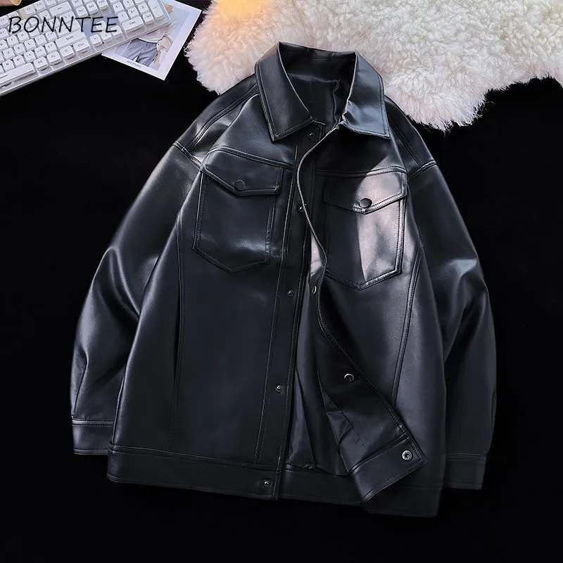 Men's Jackets Leather Jackets Men Handsome Fashion Clothing Baggy Chic Casual Retro Hip Hop Design Streetwear Black European Stylish 230311