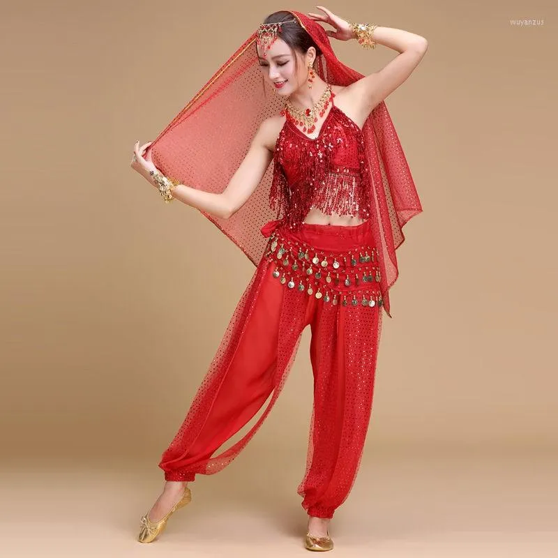 Stage Wear Belly Dance Suit Top Pants sluier Hoofddeksel Vrouwen Sexy Tassel -pailletten Costuums Outfit Carnival Performance