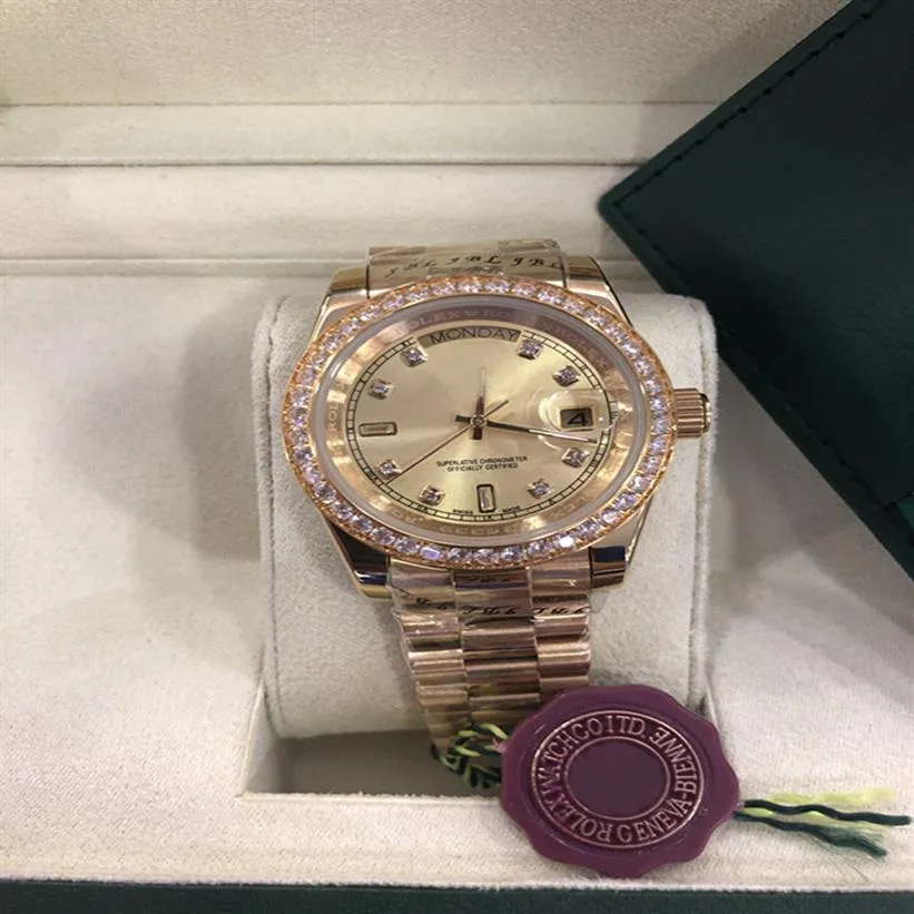 Med original Box Whole - Luxury 18k Gold Diamond Perpetual Day Date Automatisk herr Titta på guldmekanisk sport Men's Wat3418