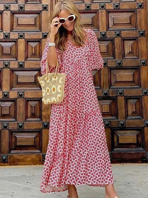 Finjani Abito Lungo Maxi Taglie Forti – Maniche A Sbuffo, Stampa Floreale, Scollo Quadrato, Spacco, Vita Alta, Abito Boho Da Spiaggia
