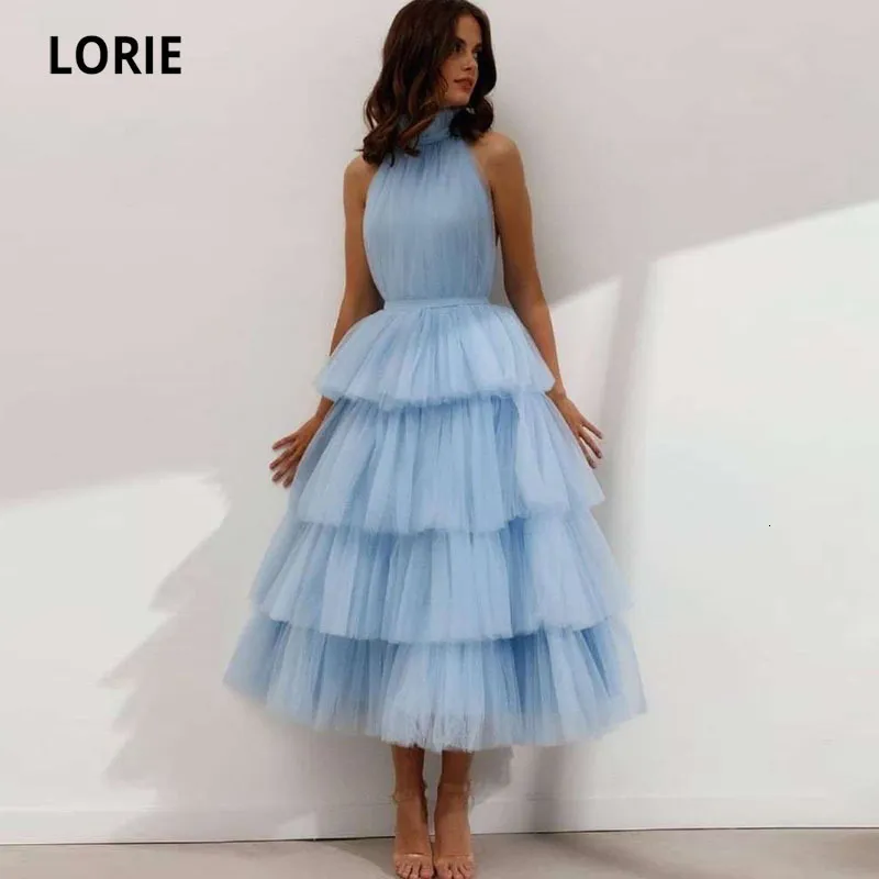 Party Dresses Lorie Blue Prom Dresses High Neck Tiered Tulle Tea Length Backless Summer Arabic Wedding Party Gown Graduation Dress 230310