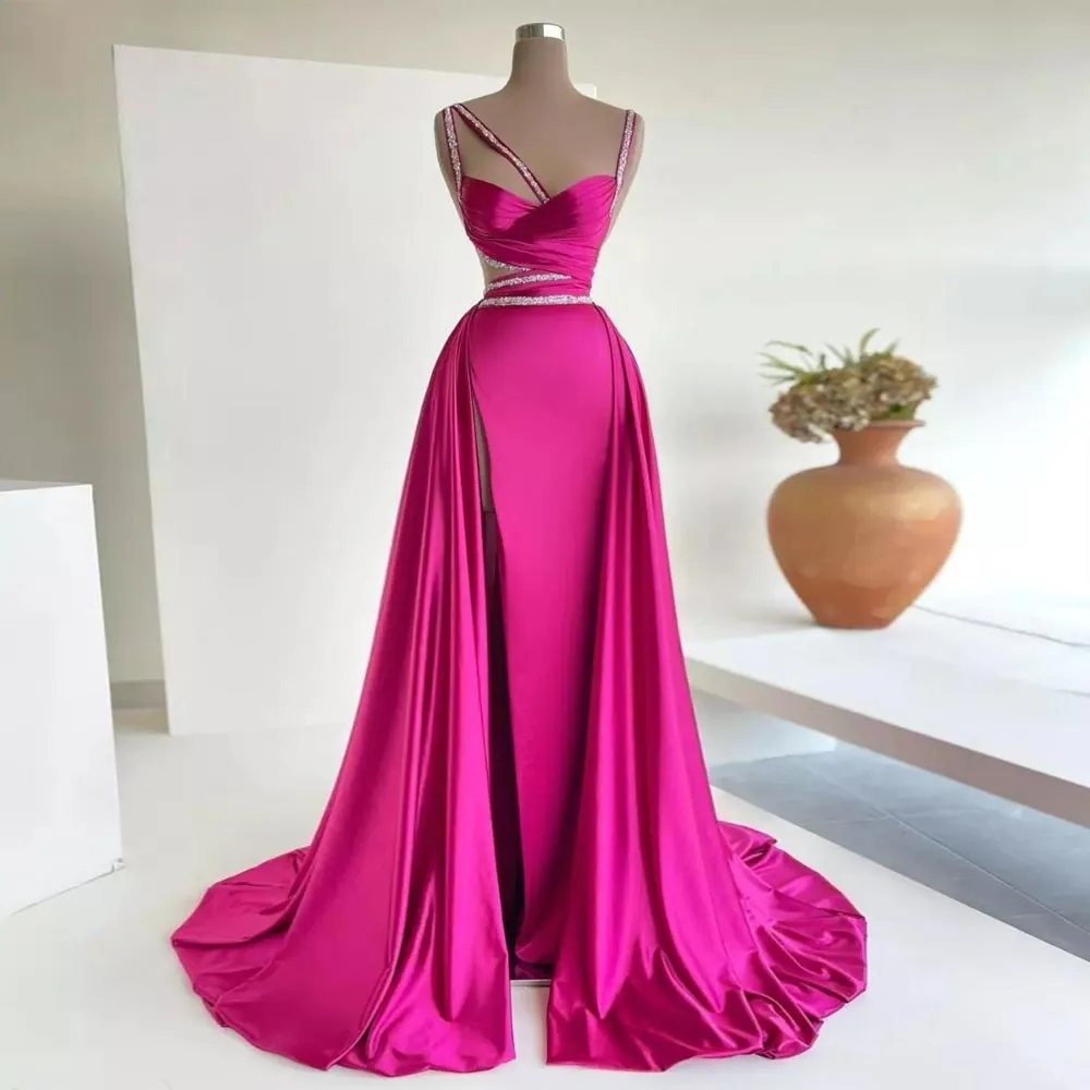 Fuchsia Side Split Prom Dresses A Line Overskirt Evening Gowns Spaghetti Straps Pleated Sweep Train Satin Special Occasion Formal Wear