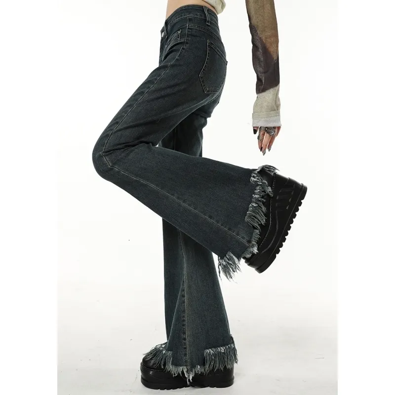 Dżinsy damskie Vintage Blue Women Dżinsy Tassels Flare Pants American Fashion Streetwear Styl szerokie nogi dżinsowe spodnie w lupgy dżinsowe spodnie 230311