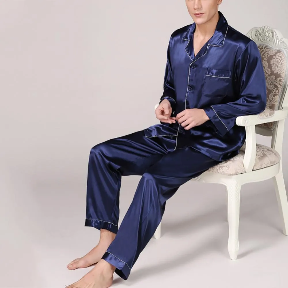 Mäns Sleepwear Men Summer Silk Pyjama Set Shirt Pants Home Gown Sleepwear Nightwear 230311