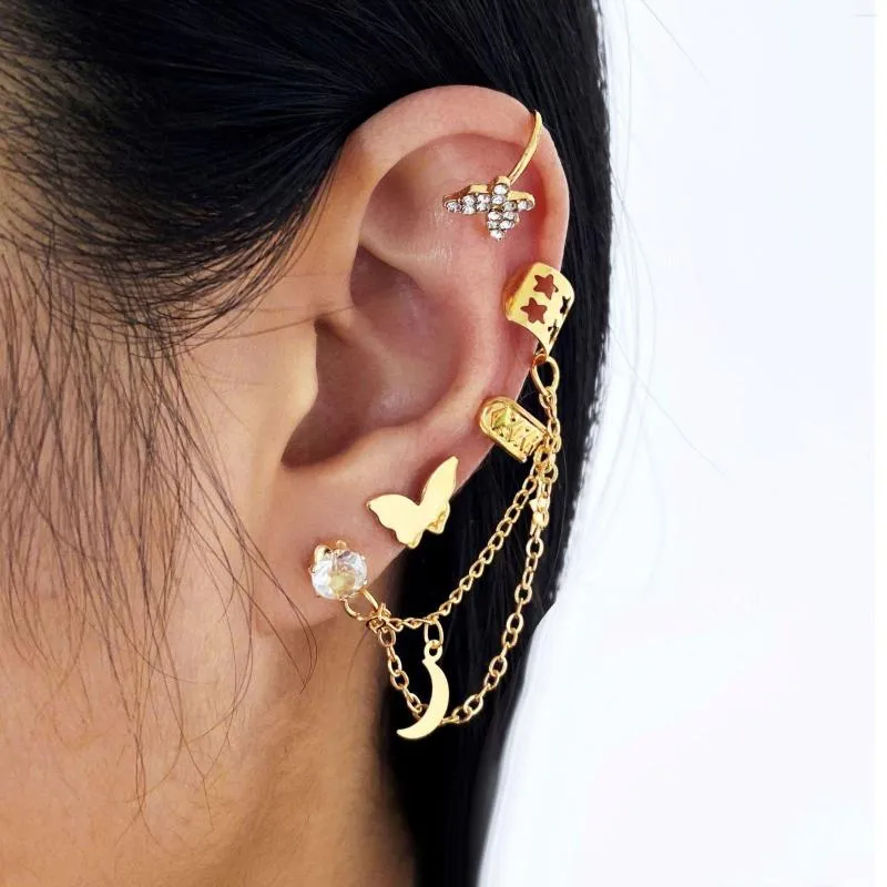 Backs Earrings Fashion Crystal Butterfly Clip Earring For Teens Women Ear Cuffs Cool Jewelry Retro Chain Long Hanging Earings Metal Gift