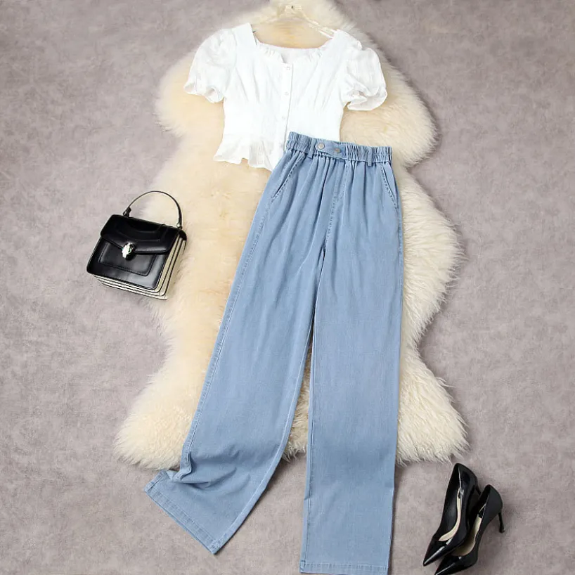 Summer Short Sleeve Square Neck Two Piece Pants White Black Solid Color Single-Breasted Blouse High Waist Jeans Long Suits 2 Pieces Set 22W174063