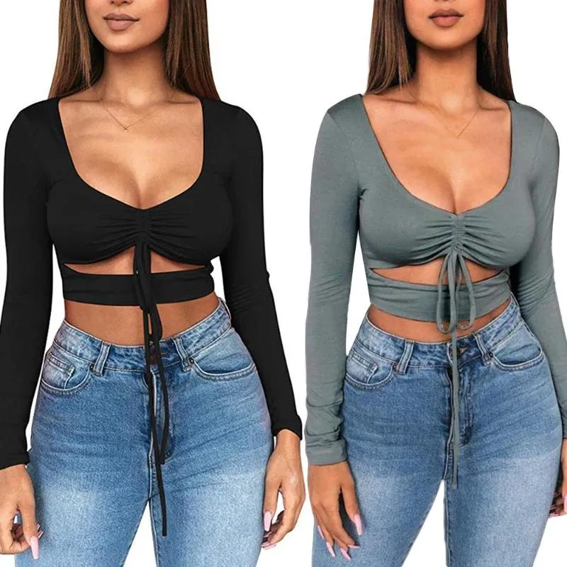 Women's T Shirts Solid Color Sexy Women Ruched Tie Up Crop Top Basic Long Sleeve Cut Out