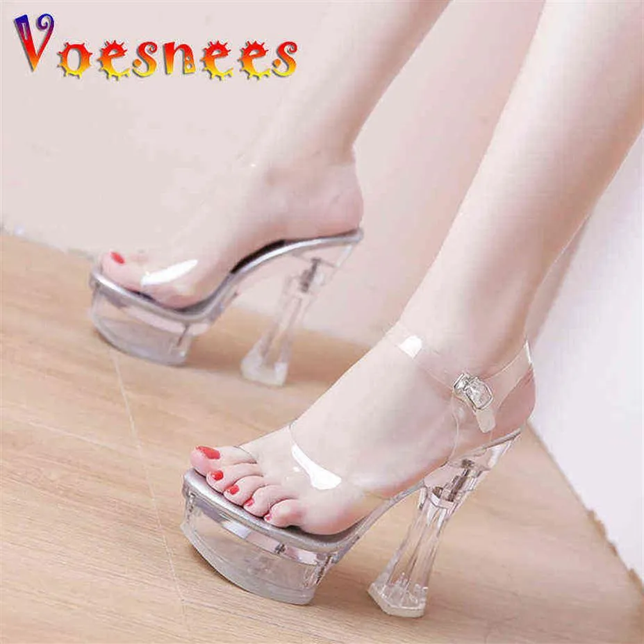 Dikke hakken Duidelijke schoenen Dames Zomer Hoge hakken 14 cm Steel Tube Dancing Shoes Crystal Transparante Peep Teen Platform Sandals Y22020182S