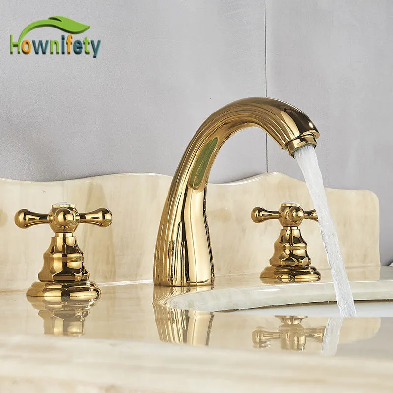 Bathroom Sink Faucets Shiny Gold Solid Brass Bathroom Sink Faucet Double Handles Single Spout Mixer Tap Deck Mount Cold Water Mixer Crane Tap 230311