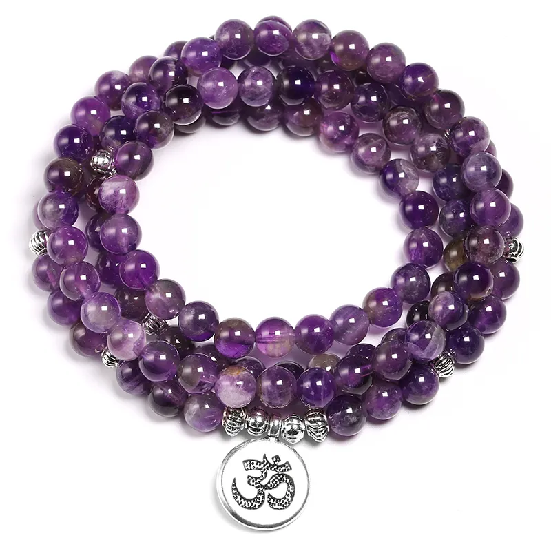 Bracelets de charme Bracelet d'améthystes en cristal violet naturel 6mm collier de perles Yoga 108 Bracelet en pierre Mala pour femmes bijoux d'énergie de Lotus 230310