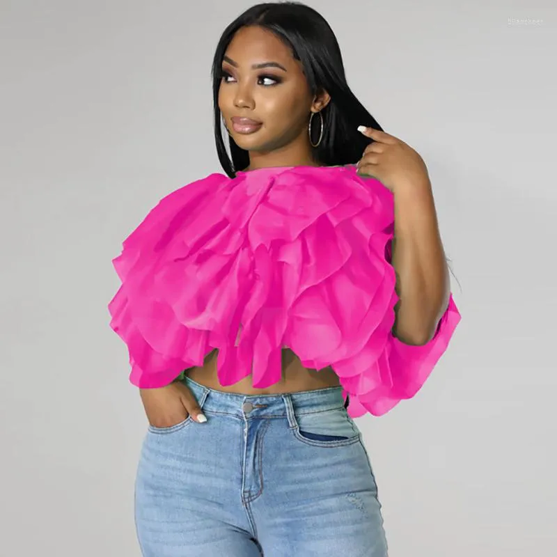 Chemisiers pour femmes Puffy Petal Sleeve Chemisier en mousseline de soie Chemise Femme Solide O Neck Plissé Streetwear Élégant Crop Top Summer Fashion Chemises décontractées