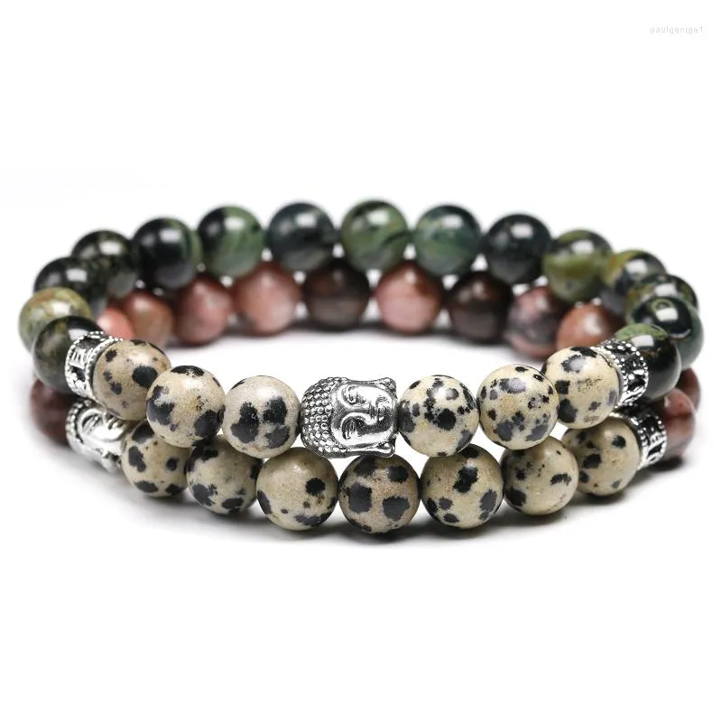 Strand Natural Kambaba Jaspe-R met Dalmation Bracelet 8mm Rhodochrosite kralen Boeddha Hoofd Bangle Liefhebbers Sieraden Women Men Energie Geschenk