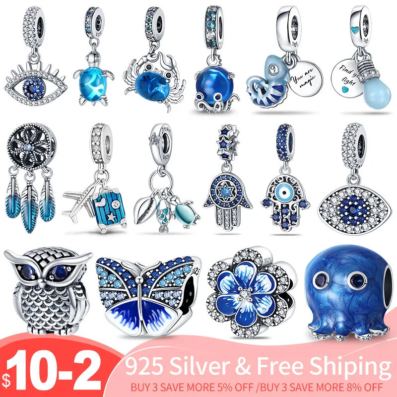 925 Silver Fit Pandora Charms Original DIY Pendant Women Bracelets Beads Blue Zircon Charm Jewelry 2022 Hot