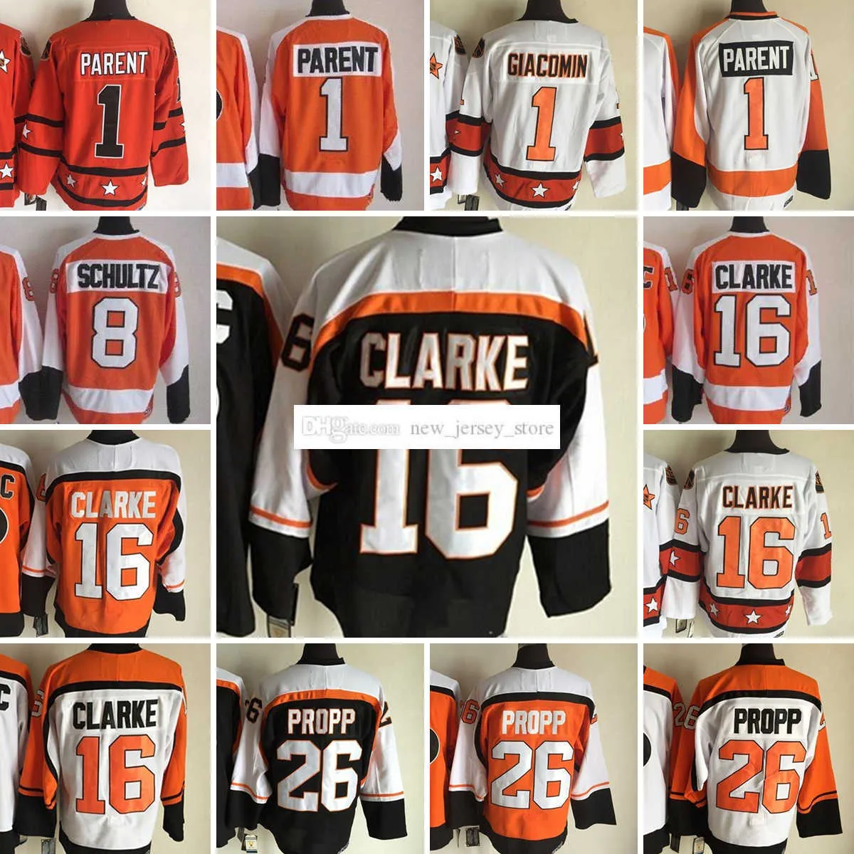 1967-1999 Movie Retro CCM Hockey Jersey Embroidery 1 BernieParent 8 DaveSchultz 16 BobbyClarke 26 BrianPropp Vintage Jerseys White Oraneg Black