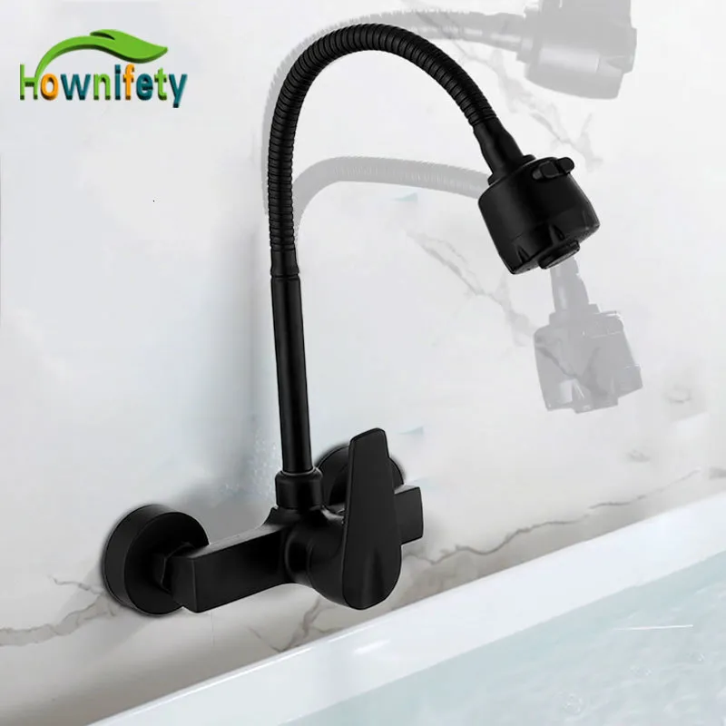 Bathroom Sink Faucets Hownifety Black Bathroom Faucet Wall Mount Rotation Sink Mixer Tap Cold Water Crane Tapware Sprayer and Stream Nozzle 230311