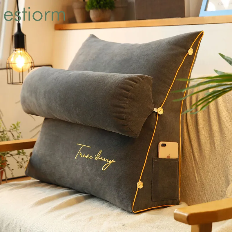 Cushion/Decorative Pillow Big Solid Color Embroidered Triangle Cushion Soft Plush Wedge Sofa Bed Back Rest Reading Pillow Back Support Pillow For Bed 230311