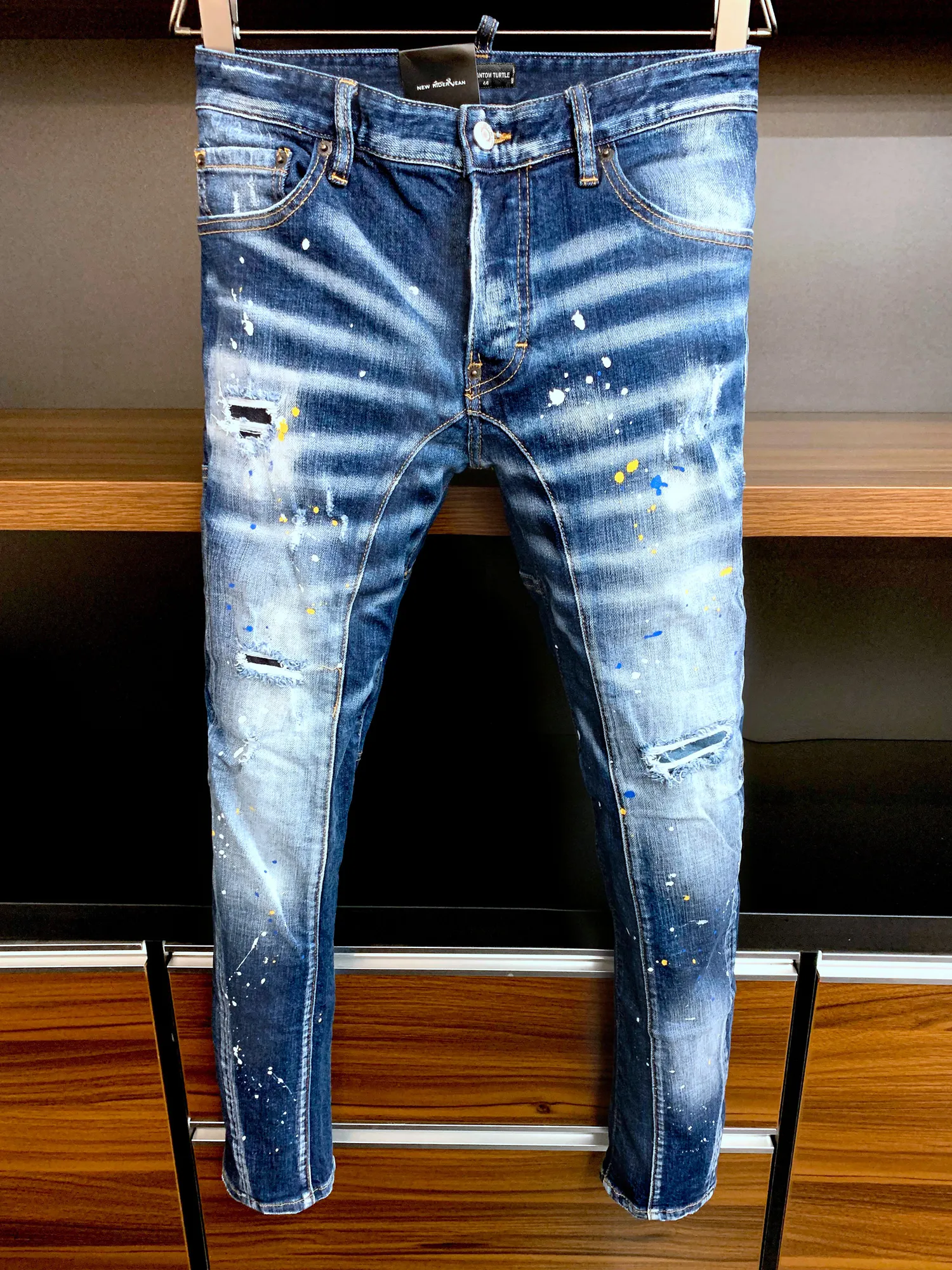 DSQ Phantom Turtle Jeans masculino Jeans Jeans Luxury Jeans Skinny Ripped Guy Caso Causal Hole Jeans Fit Fit Men Washed calça 61175