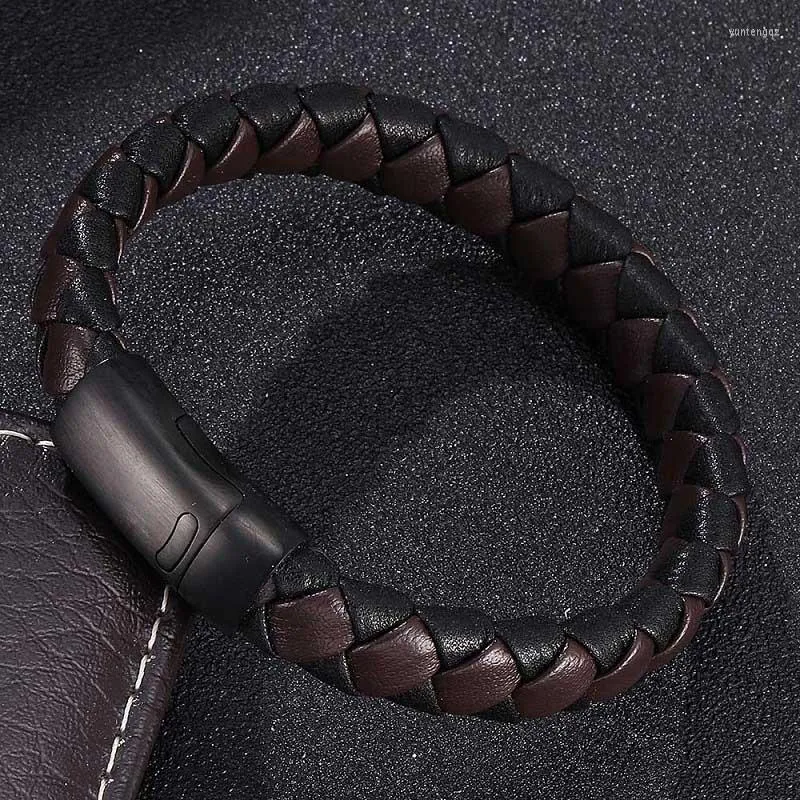 Charm Bracelets Men Jewelry Black Brown Braided Leather Bracelet Stainless Steel Magnetic Clasp Fashion Bangles Gifts Pulsera Hombre