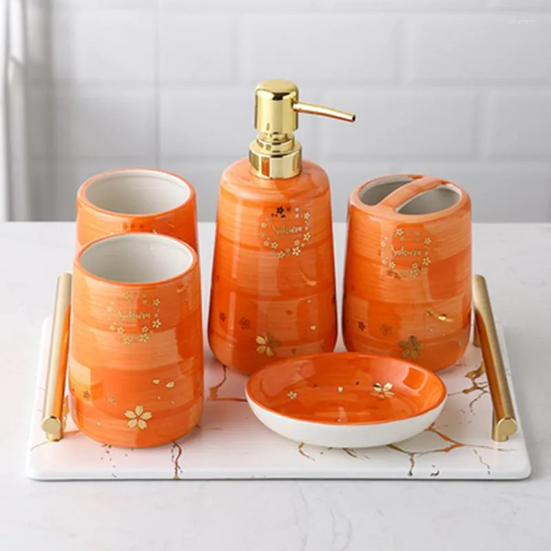 Acessório de banho Conjunto de cerâmica pintada à mão Bandeja com manuseio de higienes de higiene pessoal de cinco peças Copo escovando o copo de enxagueira