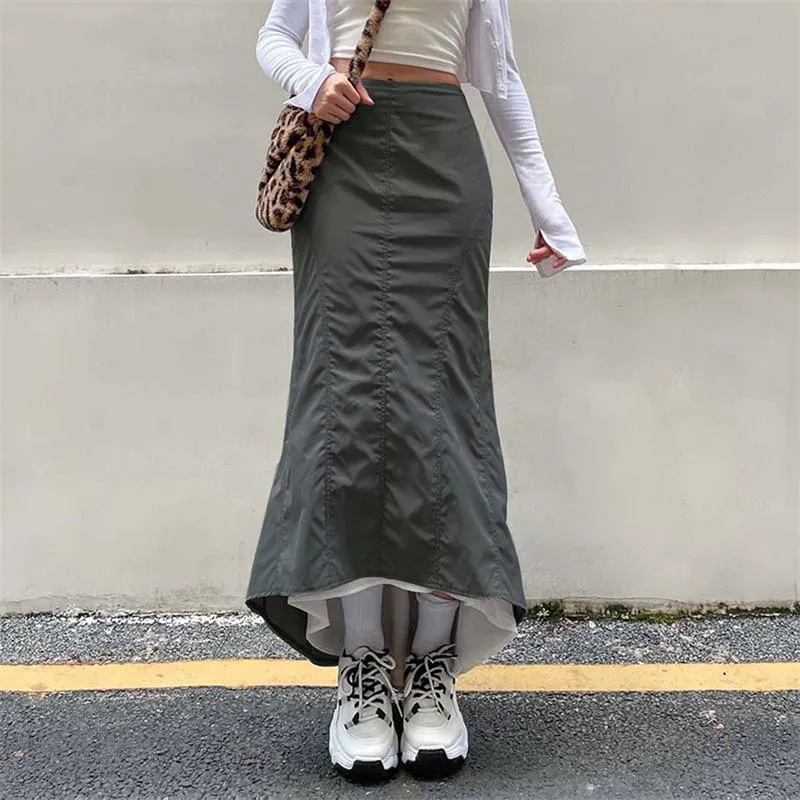 スカートヒリギン女性調整可能なドローストリングロングスカートファッションソリッドカラーカジュアルスタイルルーズサマーストリートブラック/グレー/カキスカート