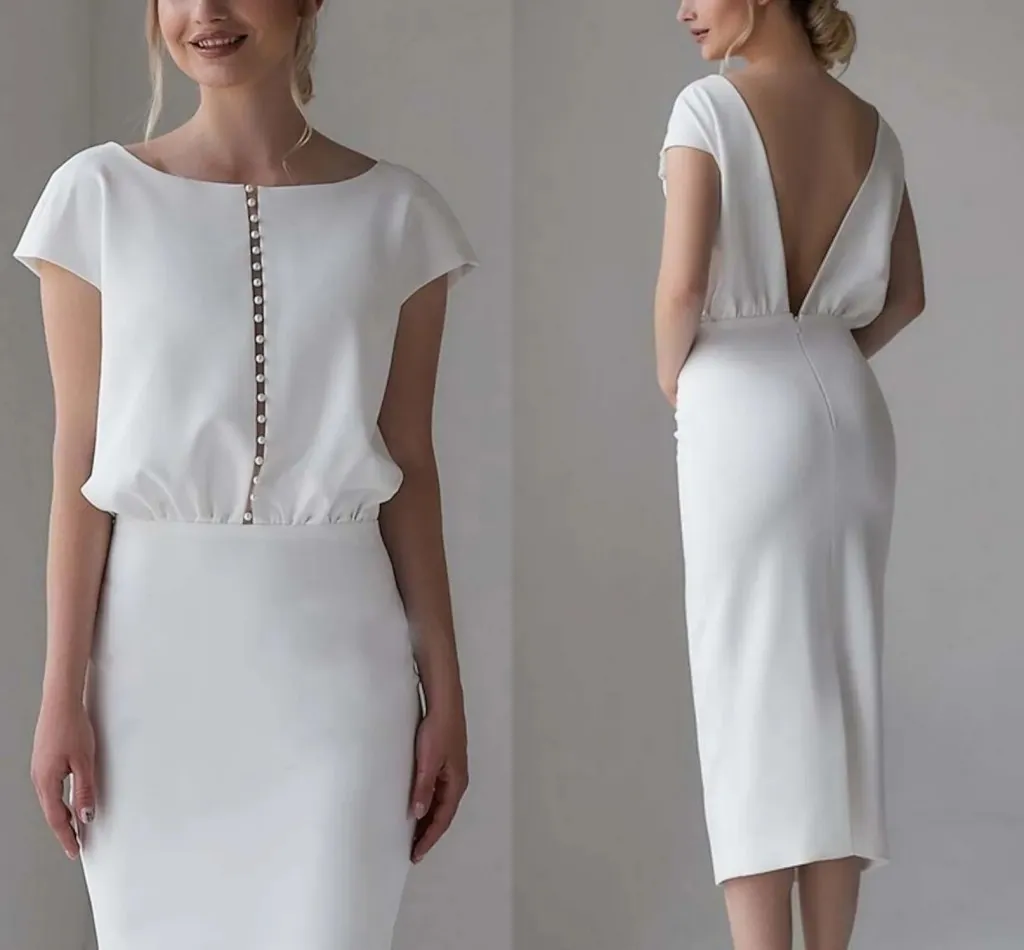 Tea Length midi wedding guest dr with Short Sleeves, Satin Fabric, Jewel Neckline, and Bridal Shower Robe - 2023 Collecti