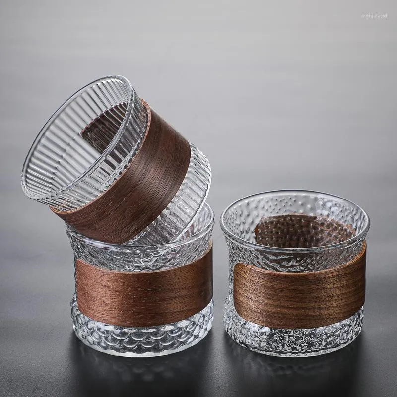 Wine Glasses 140ml Cute Clear Cylinder Hammered Glass Espresso Coffee Cups With Wooden Holder Mug Cup Teacups Mugs