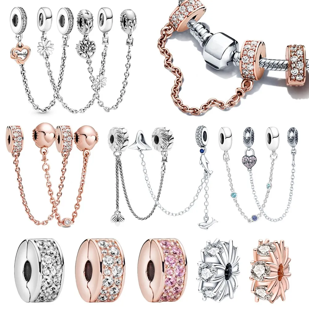 925 argent Fit Pandora Original breloques DIY Pendentif femmes Bracelets perles Effacer Sécurité Chaîne Clip Charme Or Rose Femmes Festival