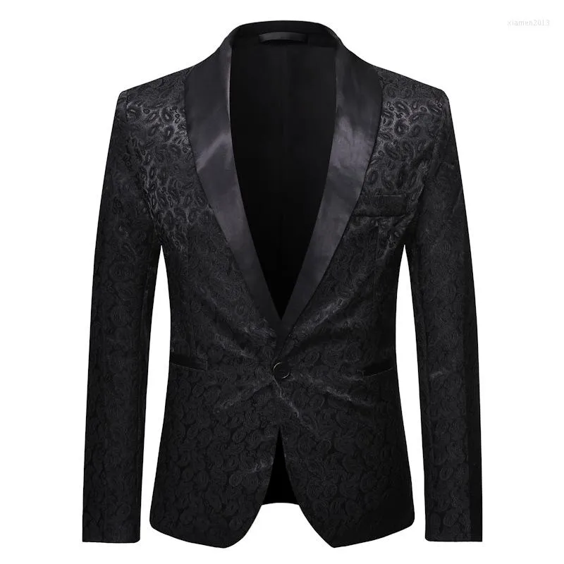 Herenpakken Mens Black Paisley Jacquard Blazer Jacket One Button Shawl Men Business Formal Dress Stage Banquet Kostuum