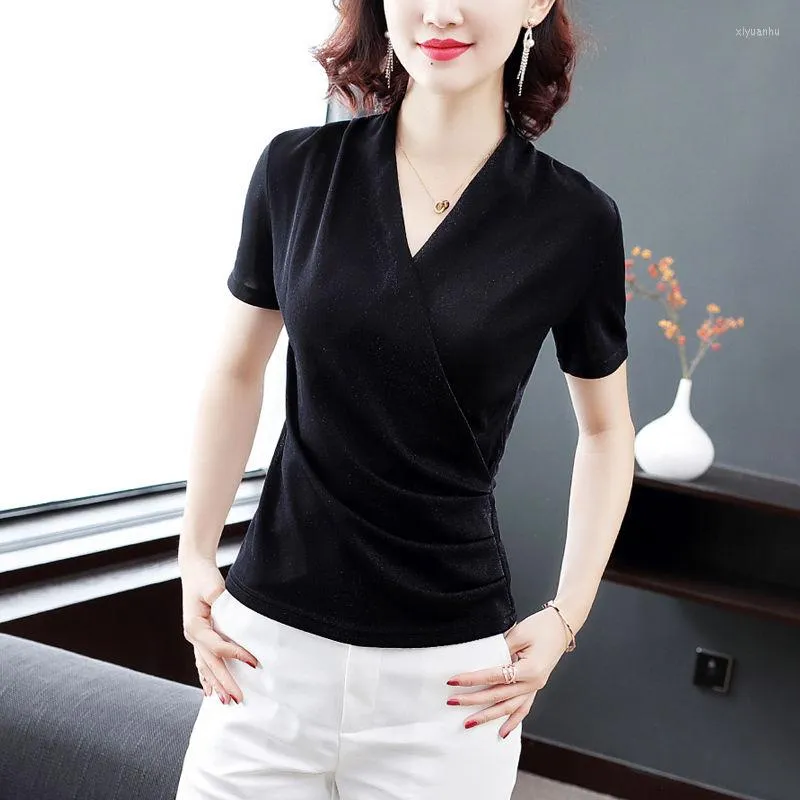 Women's Blouses Women Spring Summer Style Shirts Lady Casual Short Sleeve V-Neck Wrap Blusas Tops DD8892