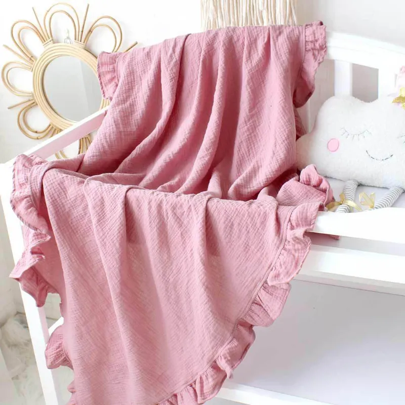 Filtar Swaddling 100*120 cm Baby Solid Cotton Gaze Filt Baby Bath Handduk Muslin Swaddle Crinka Cotton Gace Ruffle 230311