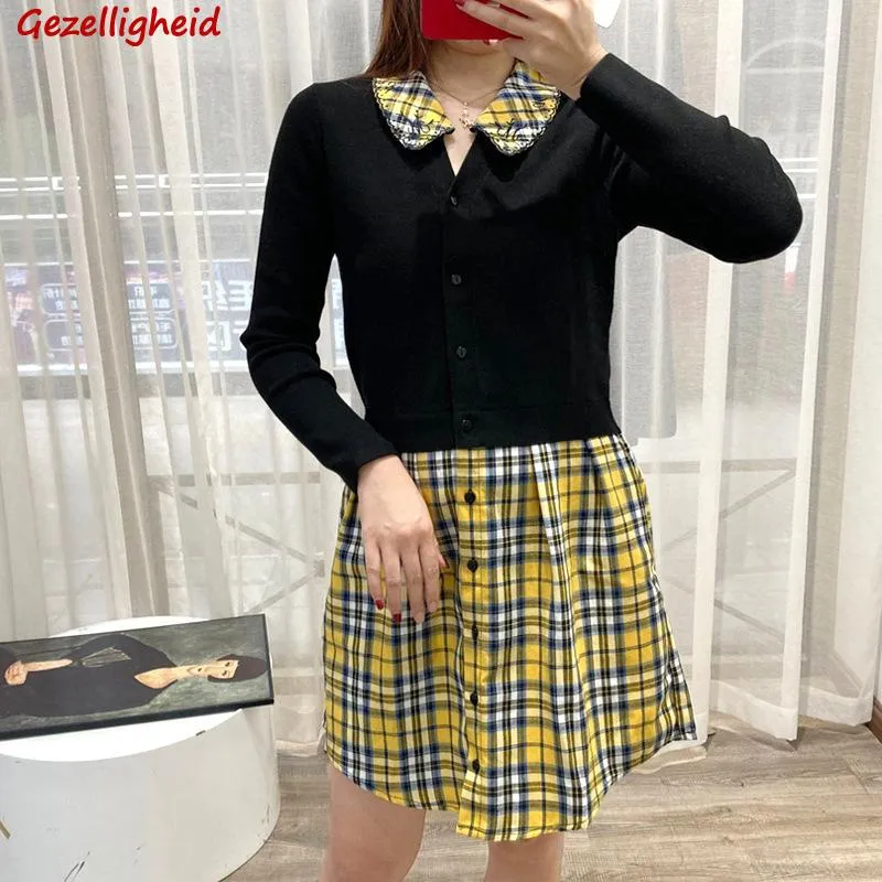 Casual jurken Gezelligheid voor vrouwen 2023 Runway Autumn Winter Fashion Elegant gebreide slanke geruite shirt sexy stiksel midi -jurk