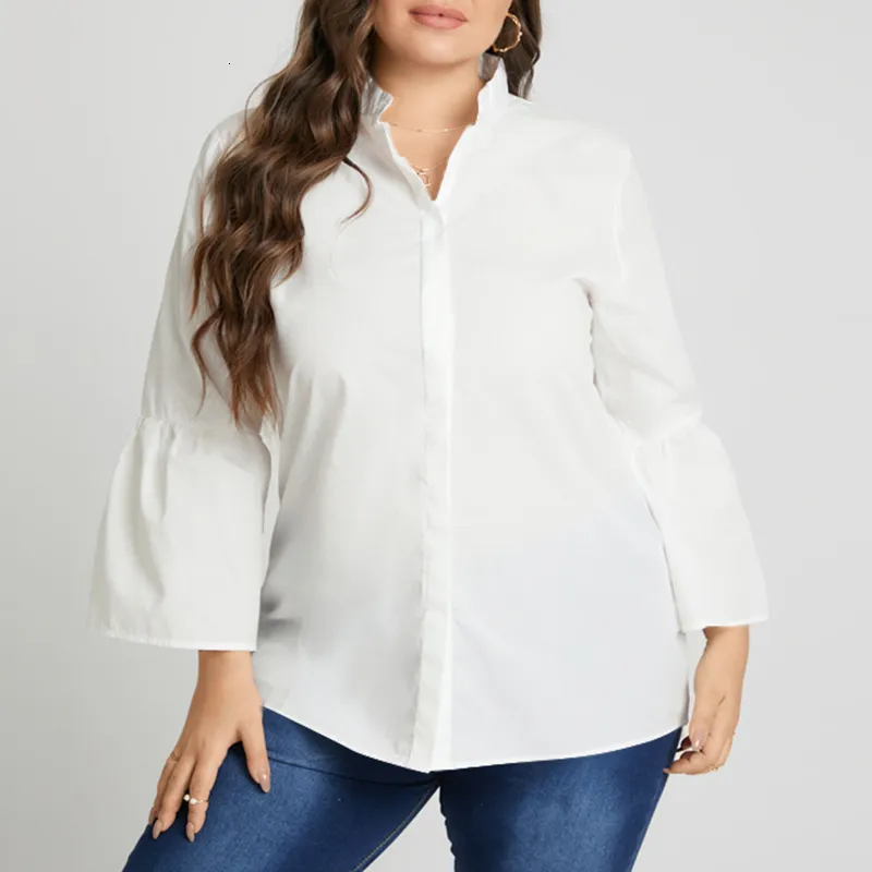 Blouses -shirts voor dames plus size jurk Vonda herfst vrouwen blouse wit shirt flare mouw tops sexy v nek knop omhoog elegant kantoor shirts blusa 230311