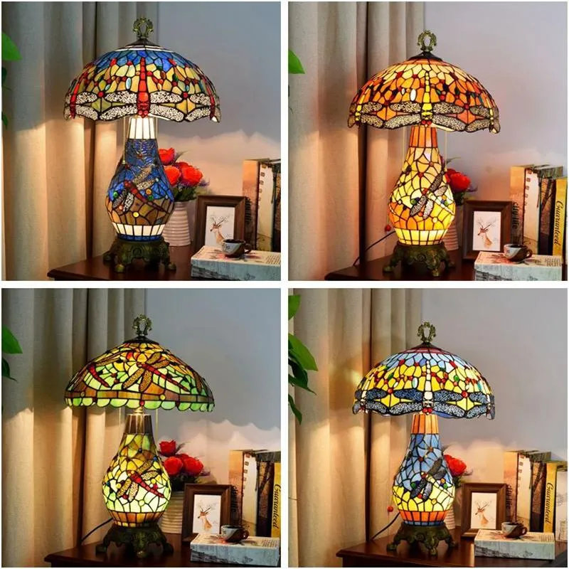 Tafellampen Woerfu 40 cm Tiffany Lamp European Dragonfly Lampshade Licht Creative Bar Cafe glas in lood Glas